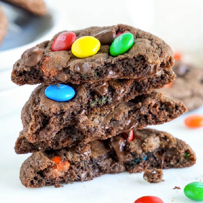 Stack of Easy Double Chocolate M&M Cookies