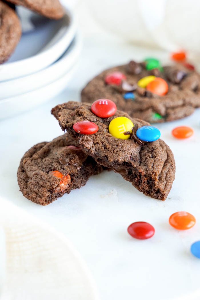 Easy Double Chocolate M&M Cookies Broken and Stacked