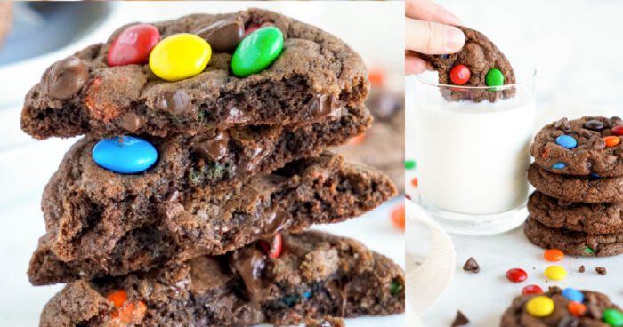 A stack of three chocolate cookies with colorful candies.