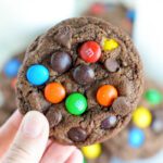 Easy Double Chocolate M&M Cookies Full Cookie in Hand