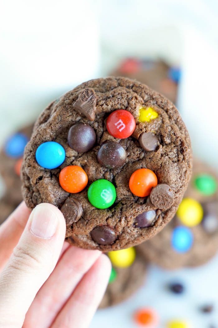 Easy Double Chocolate M&M Cookies Full Cookie in Hand