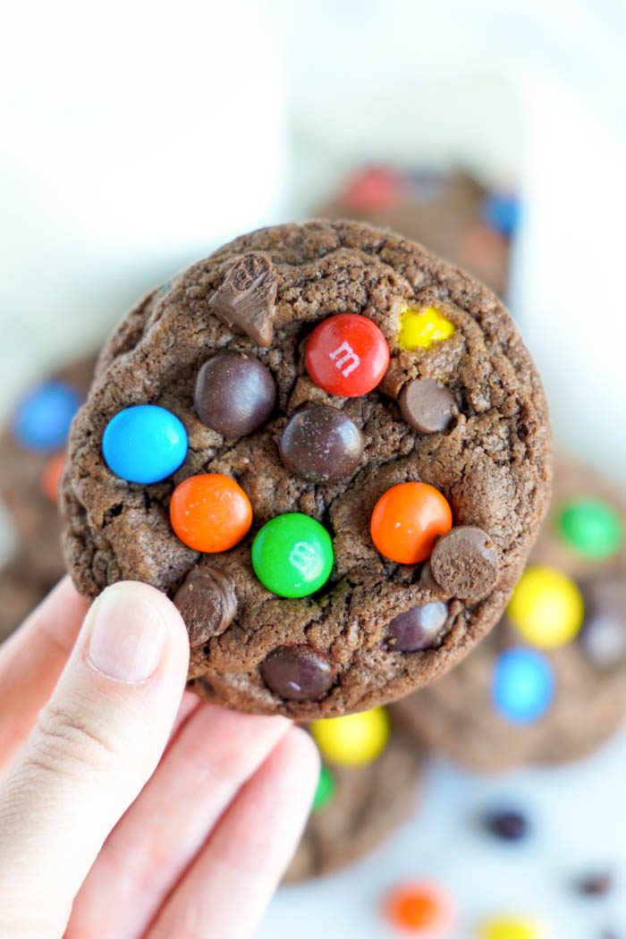 Easy Double Chocolate M&M Cookies Full Cookie in Hand