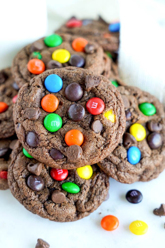 Easy Double Chocolate M&M Cookies Pile