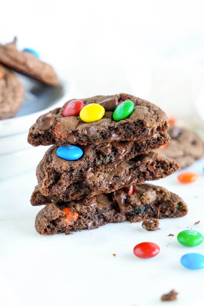 Easy Double Chocolate M&M Cookies Stacked