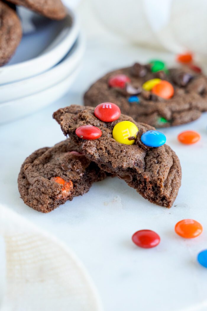 An M&M Cookie broken in half