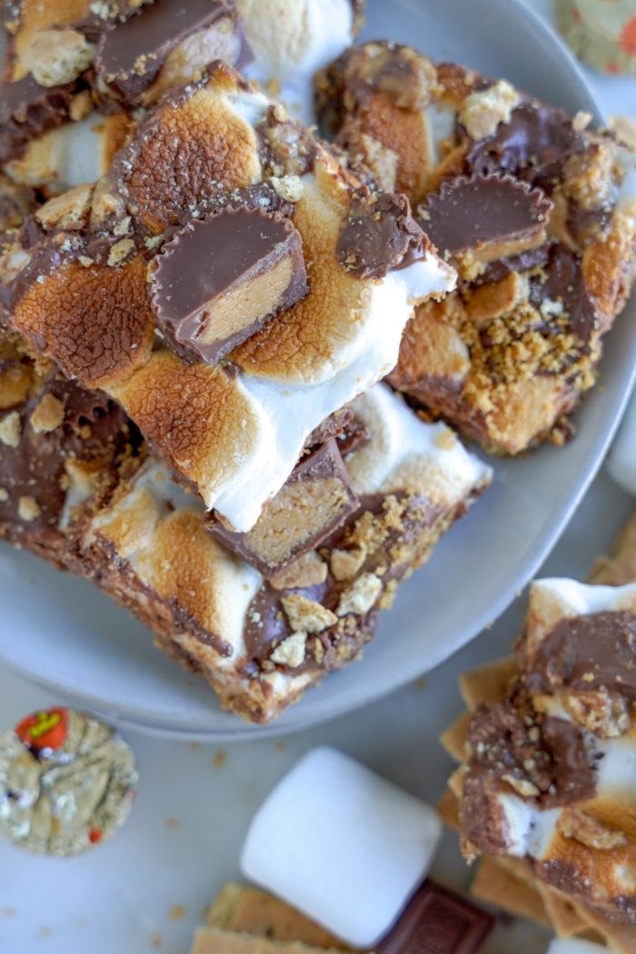 Reese's S'mores Bars piled on a plate