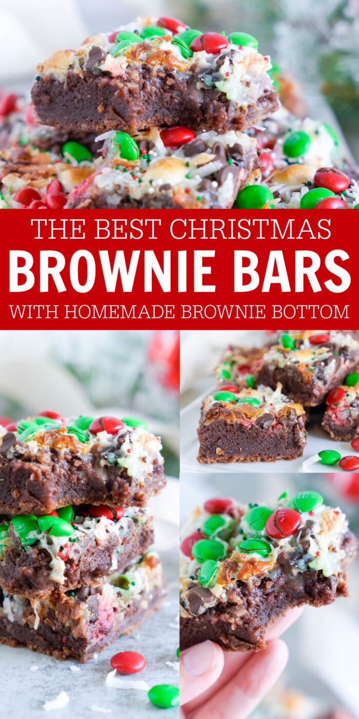 A stack of three Christmas-themed brownies.