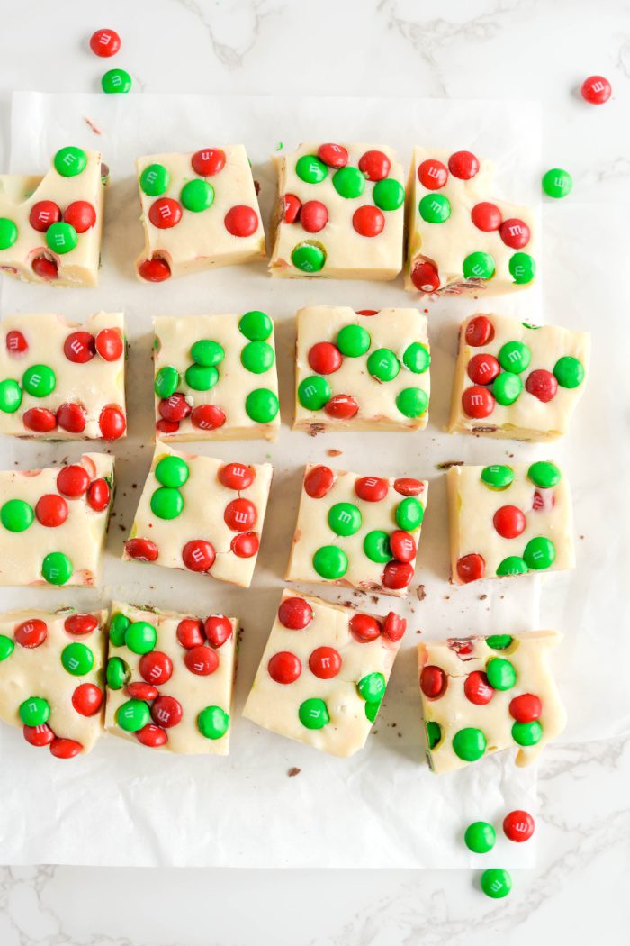 Christmas cookie fudge cooled and sliced into squares