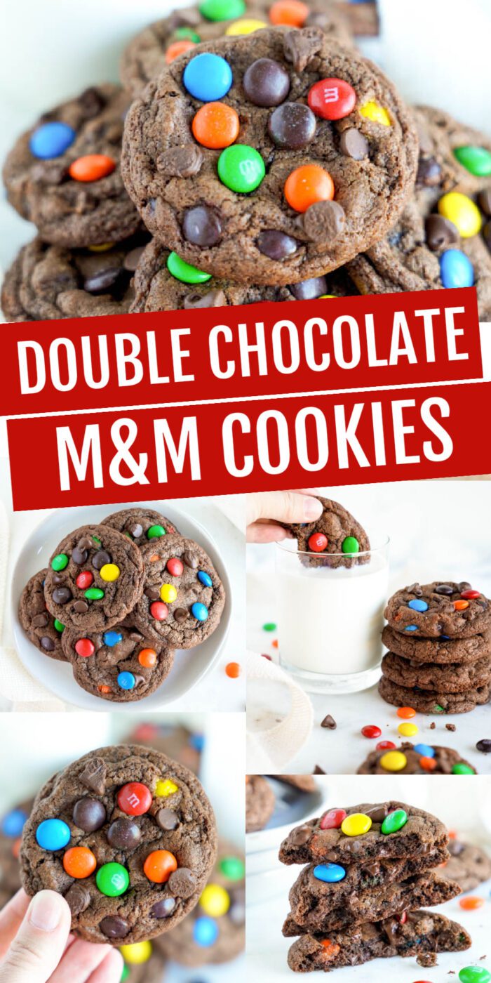 A collage of images of chocolate cookies with M&Ms.