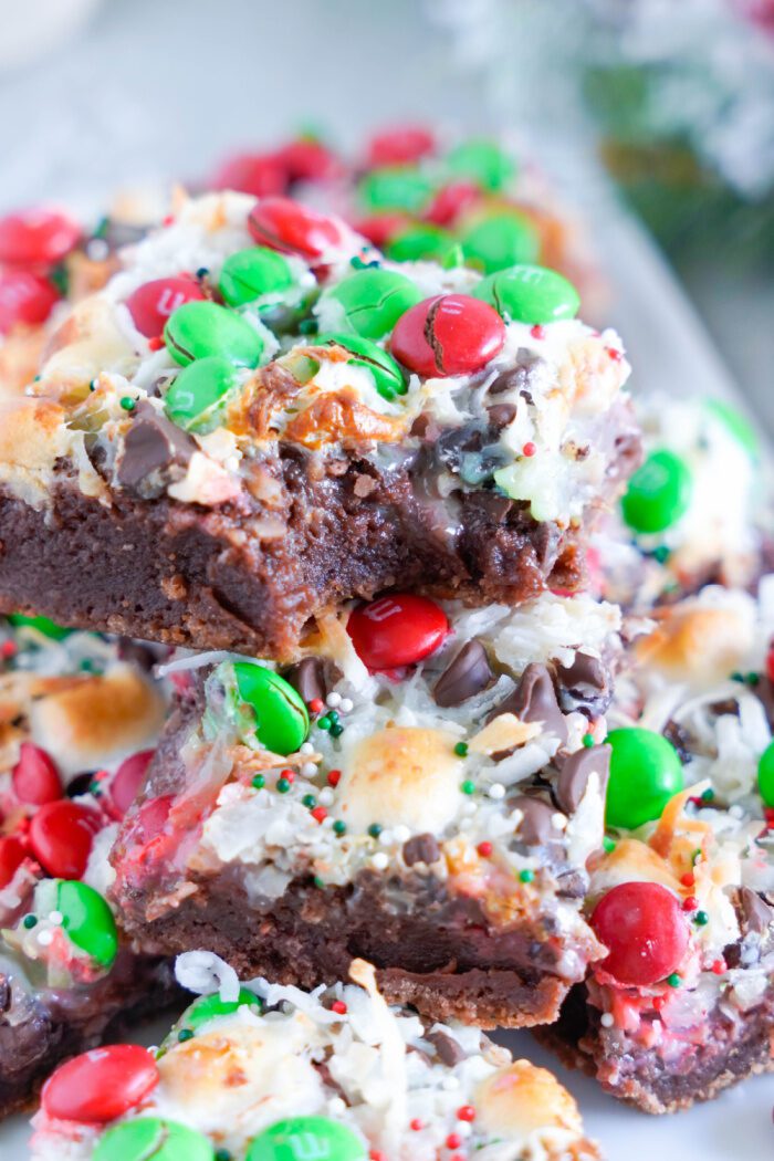 Close up of a pile of Christmas M&M Magic Bars