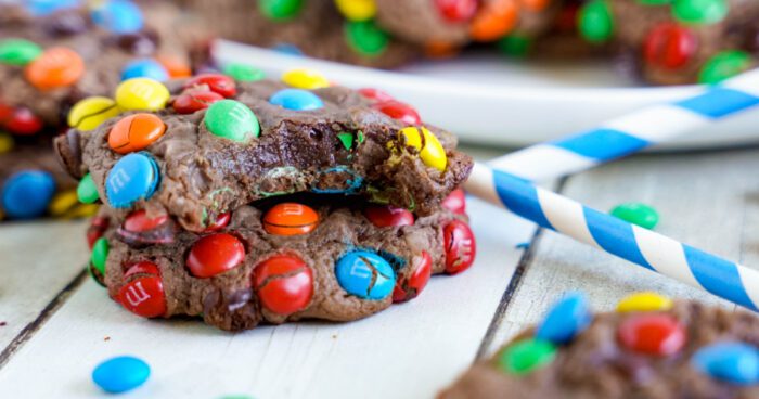 Wide view of 2 Mini M&M Brownie Mix Cookies stacked