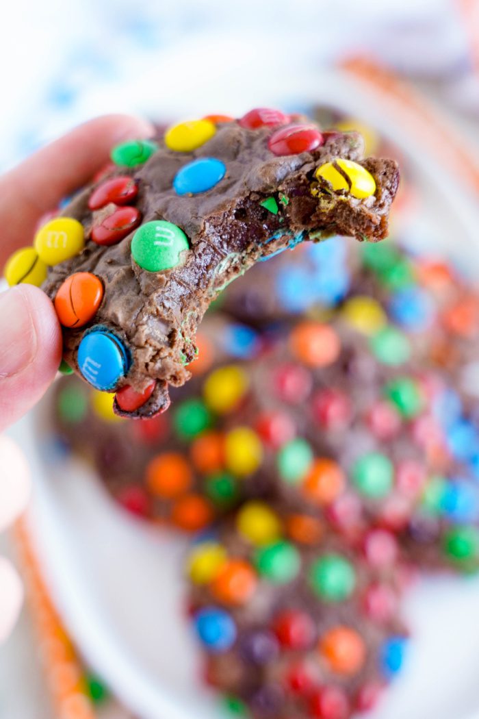 Mini M&M Brownie Mix Cookie with a bite taken out