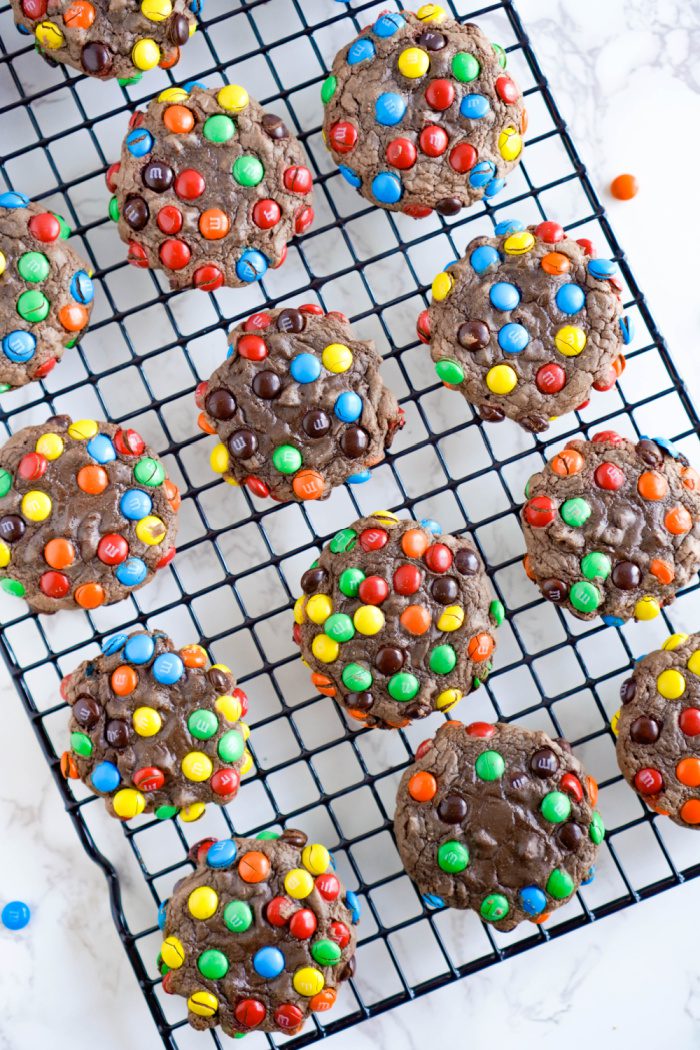M&M Brownie Mix Cookies on cooling rack