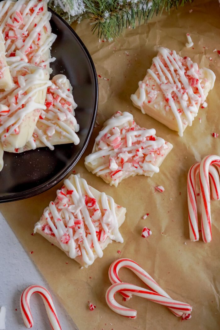 Above view of 3 Candy Cane Fudge squares