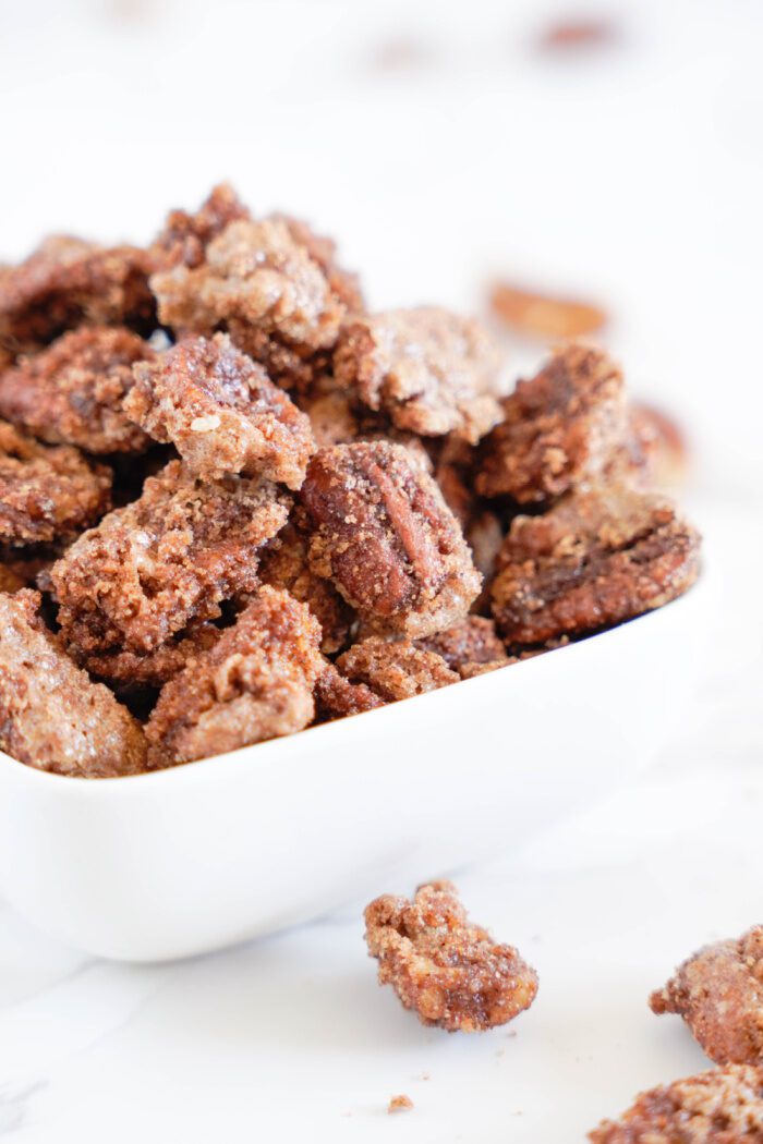 Bowl of Candied Pecans for Pecan Fudge Recipe