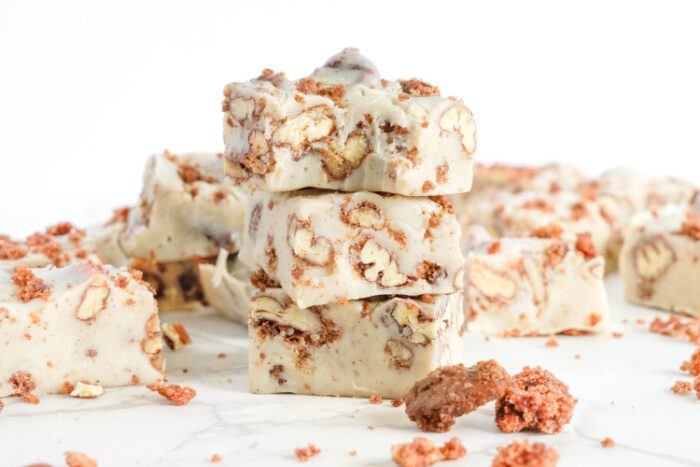 Wide view of three Candied Pecans Fudge Recipe stacked