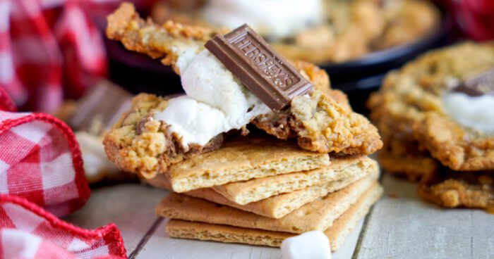 Wide view of S'mores Cookie stack on top of graham crackers