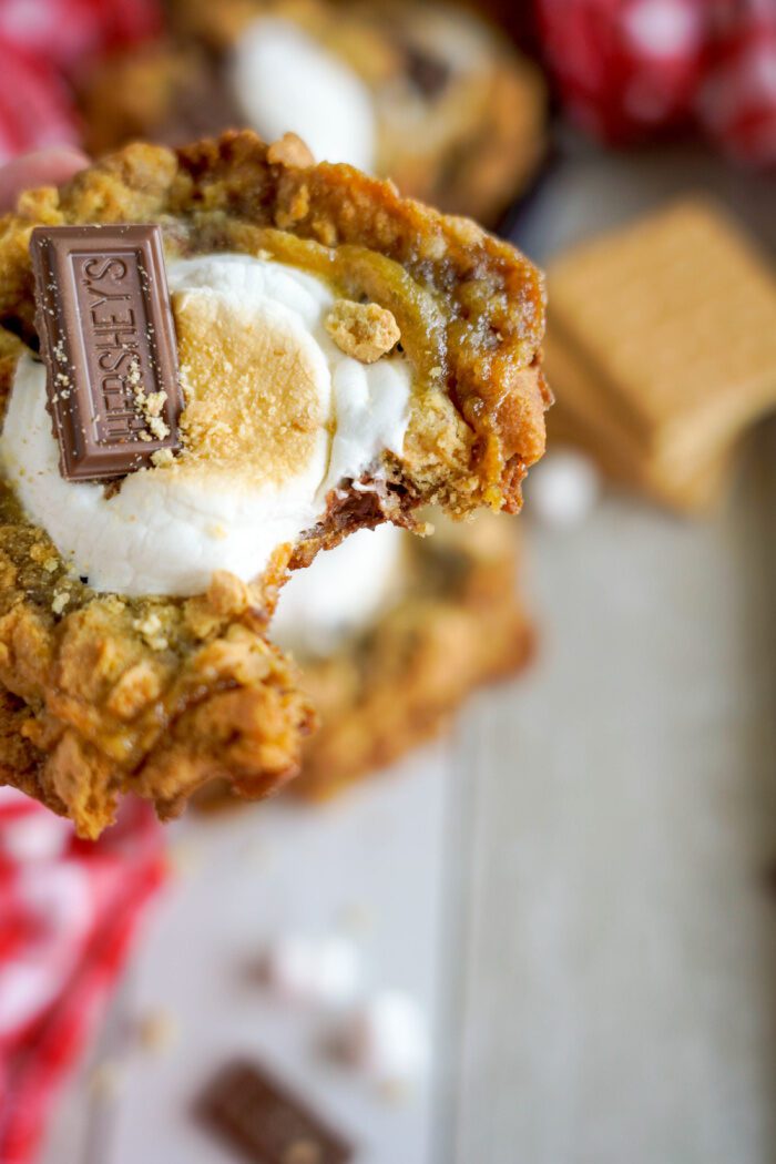 A bite taken out of a S'mores cookie