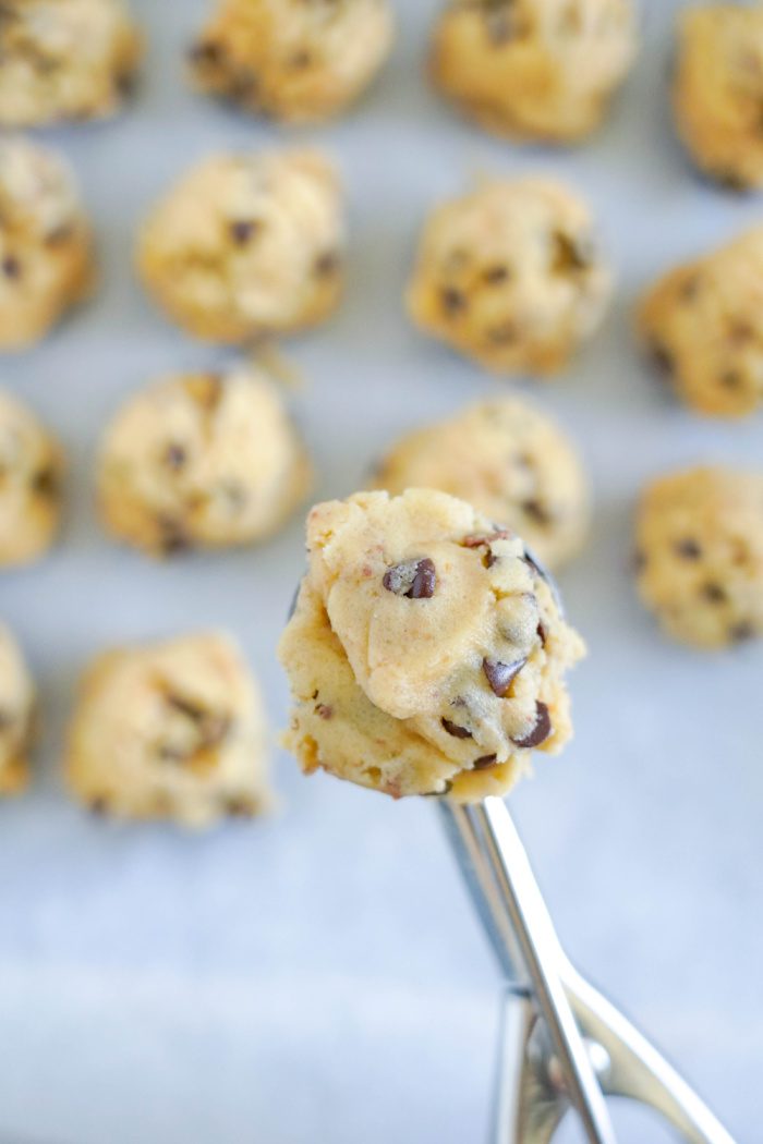Toffee Cookie dough in a cookie scoop