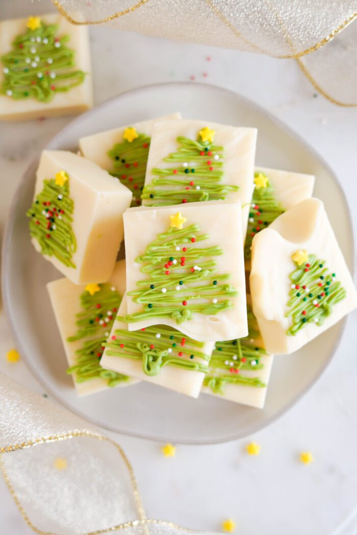 Above view of plate of Christmas Vanilla Fudge