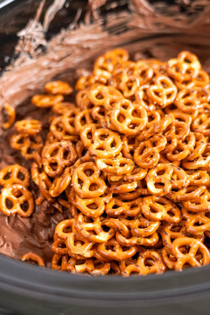 Mini pretzels added to crockpot