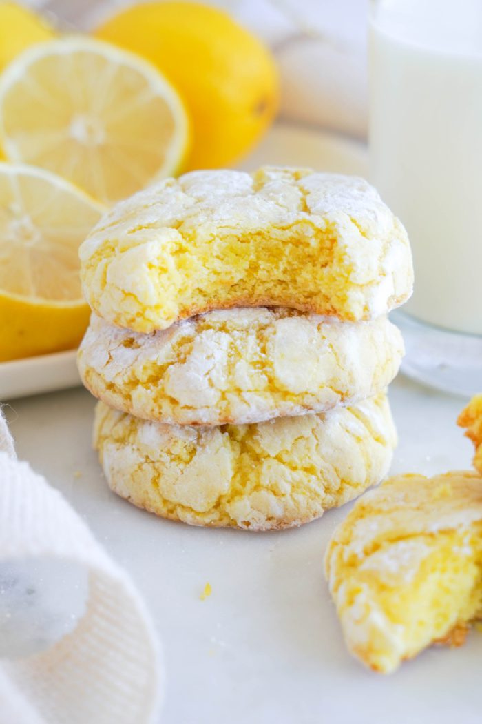 Stack of 3 Lemon Cookies with a bite taken out of the top