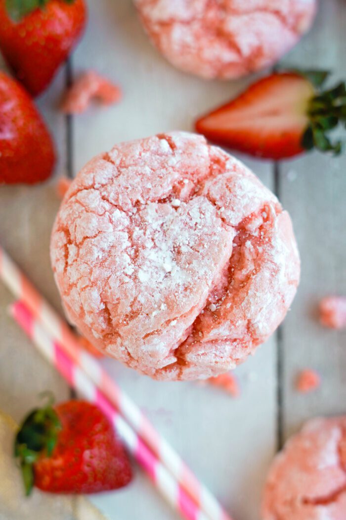 Above view of stack of Strawberry Crinkle Cookies