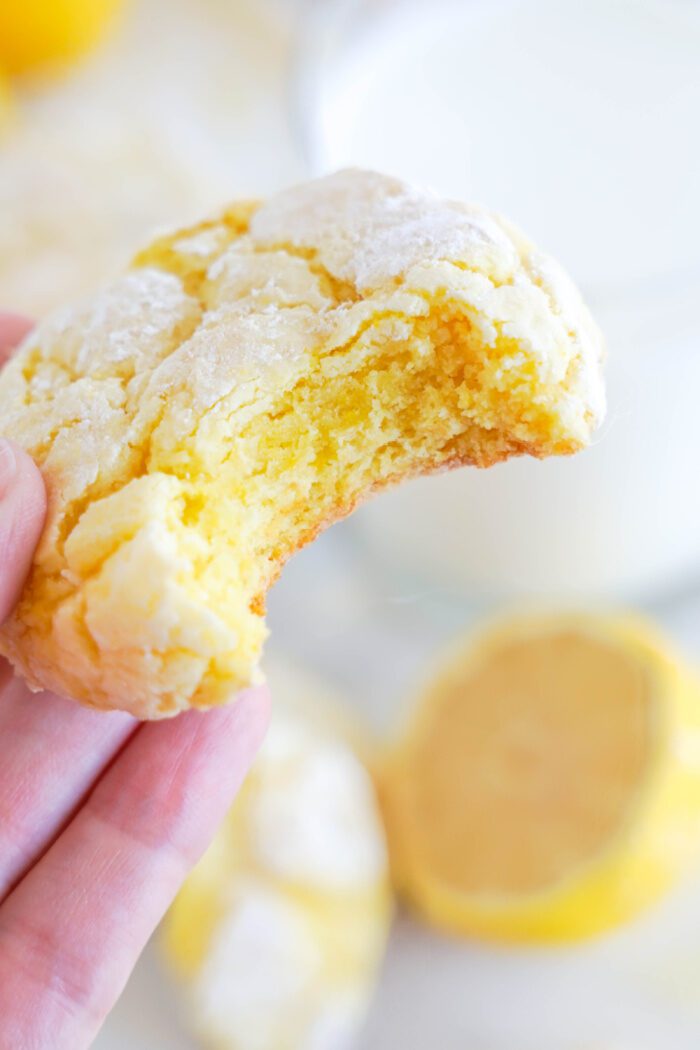 Lemon Crinkle Cookie with a bite taken out