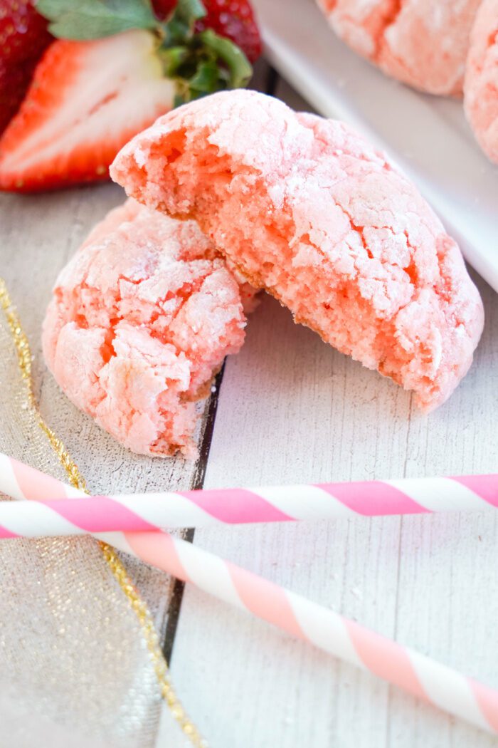 Strawberry Crinkle Cookie broken in half