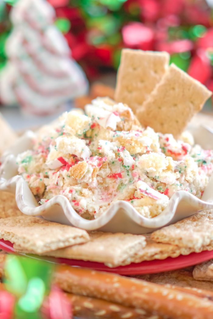 Graham crackers in a bowl of Christmas Tree Dip