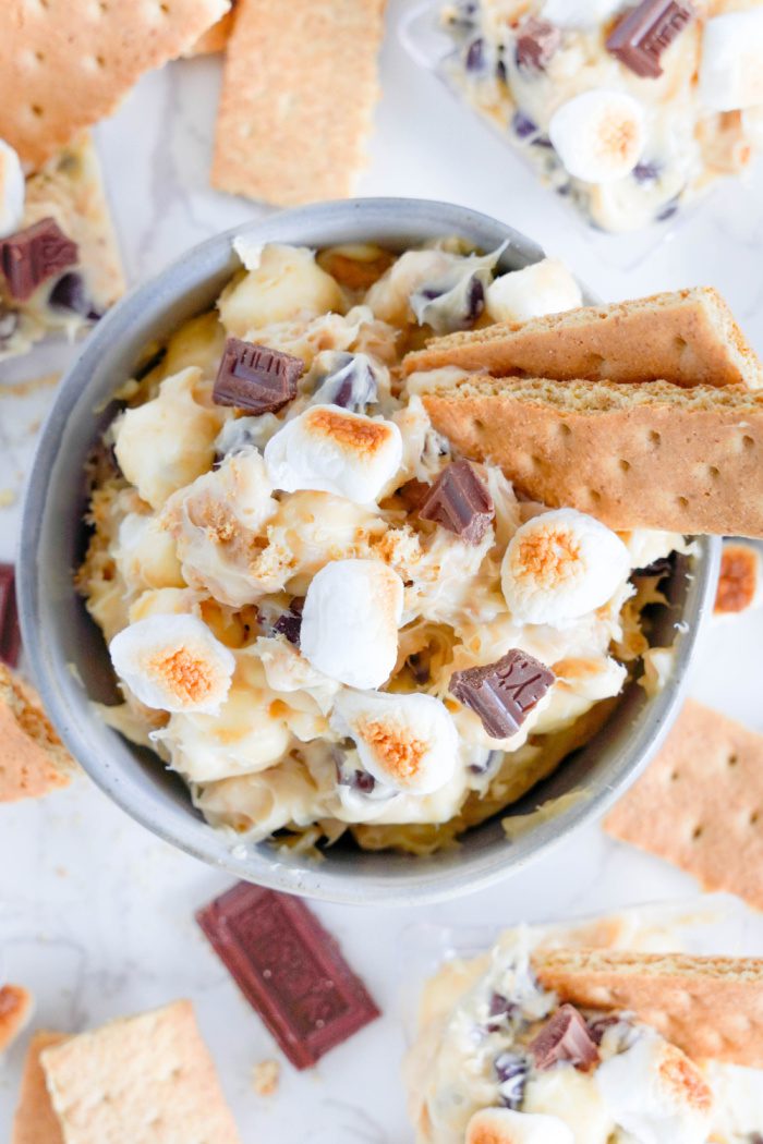 Above view of bowl of S'mores Dip with graham crackers