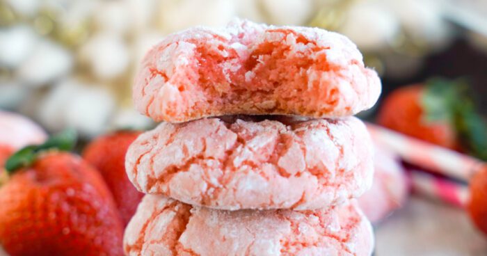 Wide view of stack Strawberry Crinkle Cookies