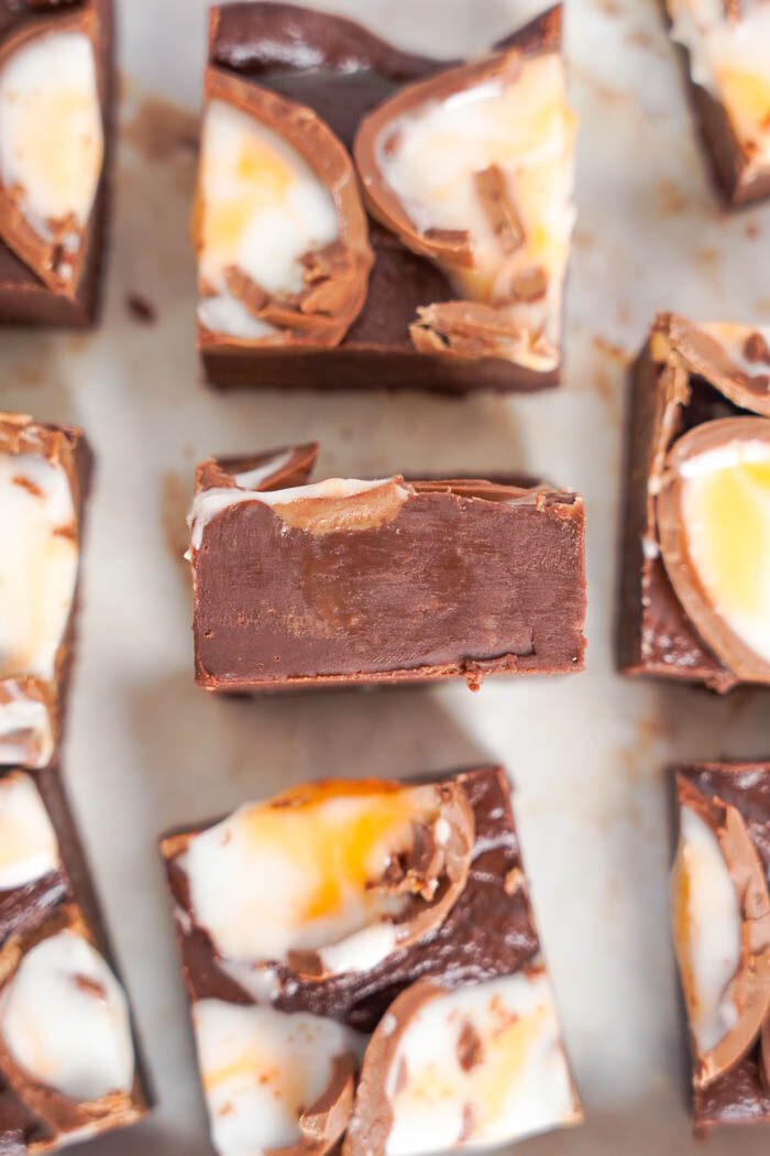 Homemade chocolate fudge with creme egg filling