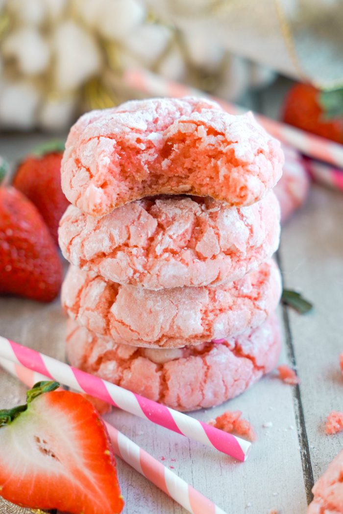4 Strawberry Crinkle Cookies stacked