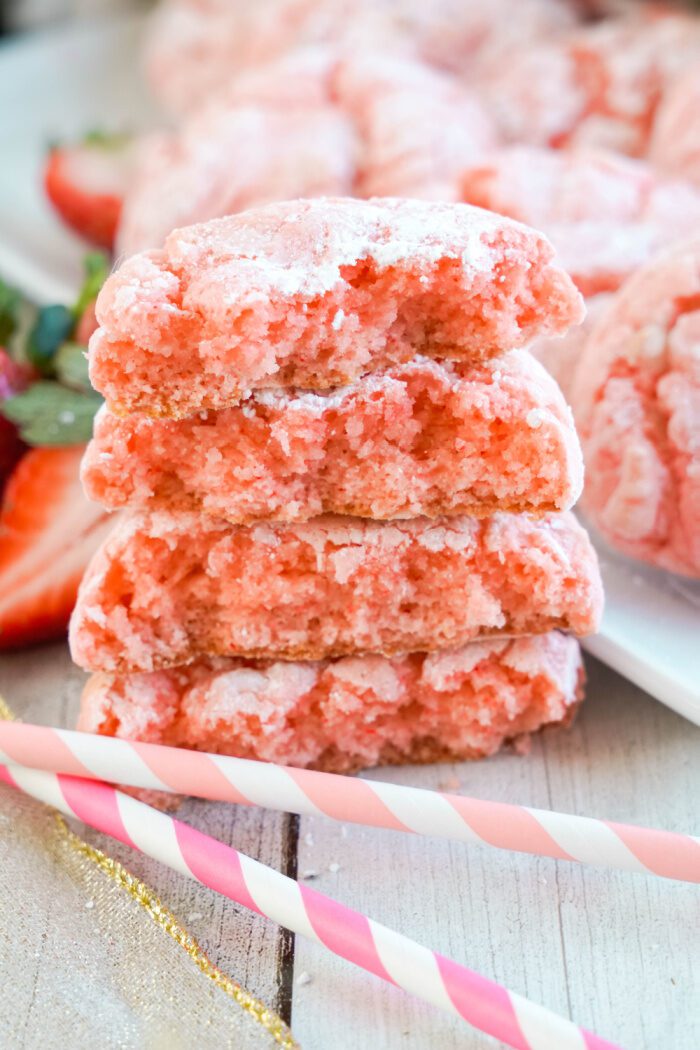 Stack of 4 Strawberry Crinkle Cookies sliced in half