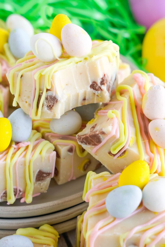 Pile of several White Chocolate Fudge squares