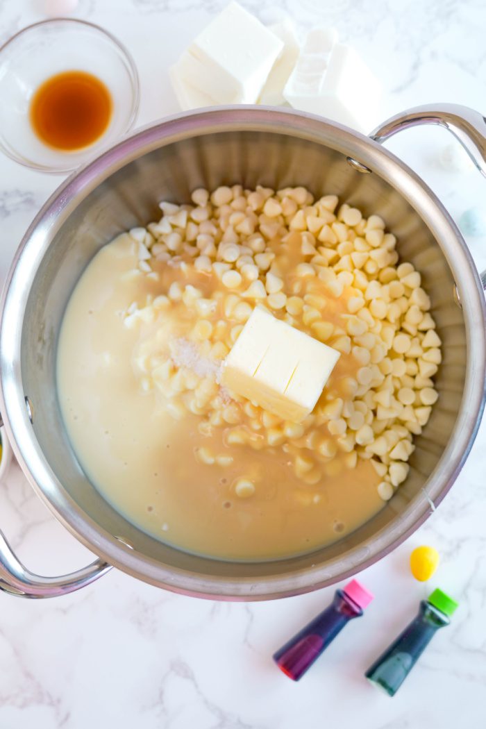 White chocolate, butter, salt, and sweetened condensed milk in pot