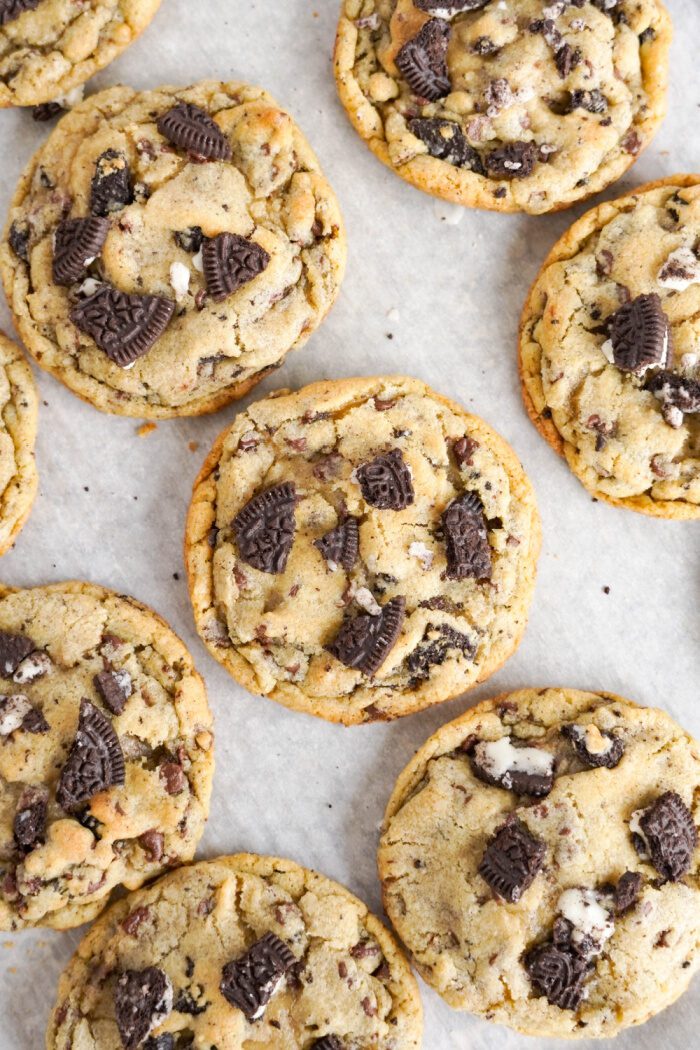 Baked Oreo Chocolate Chip Cookies on baking sheet