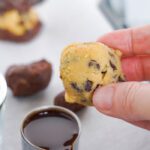 Brookie Cookie dough ball dipped in chocolate sauce