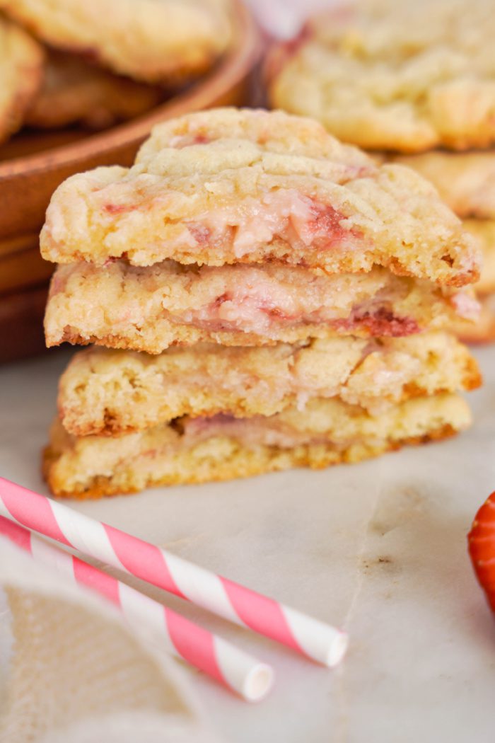 Easy Strawberry Cheesecake Cookies sliced in half