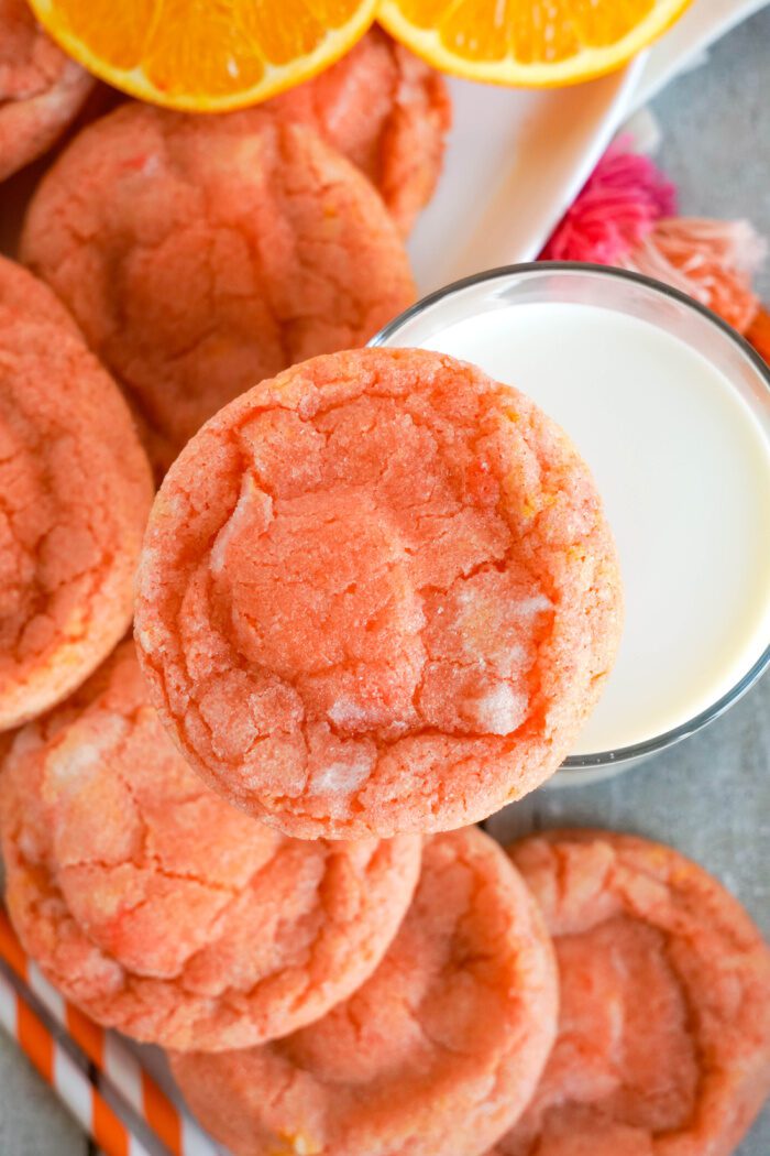 Creamsicle Cookie on top of glass of milk