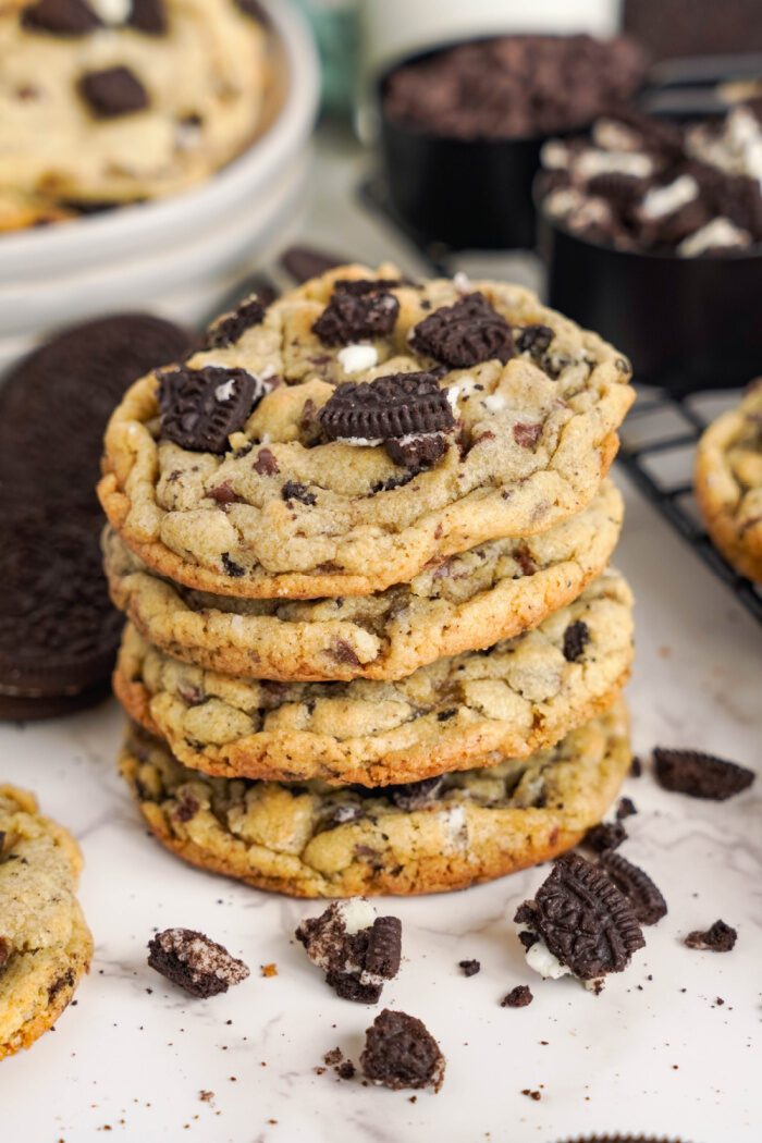 Oreo Chocolate Chip Cookies in a stack