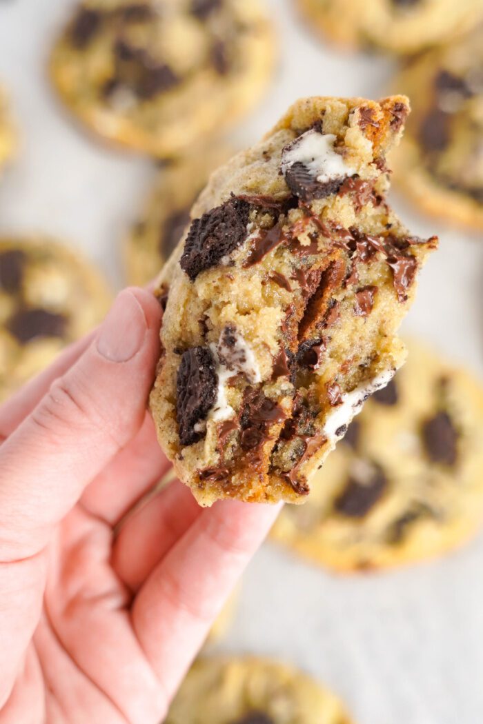 Someone holding a Oreo Chocolate Chip cookie broken in half