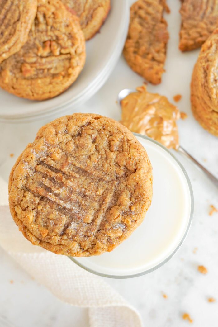 Easy Peanut Butter Cookie on top of glass of milk