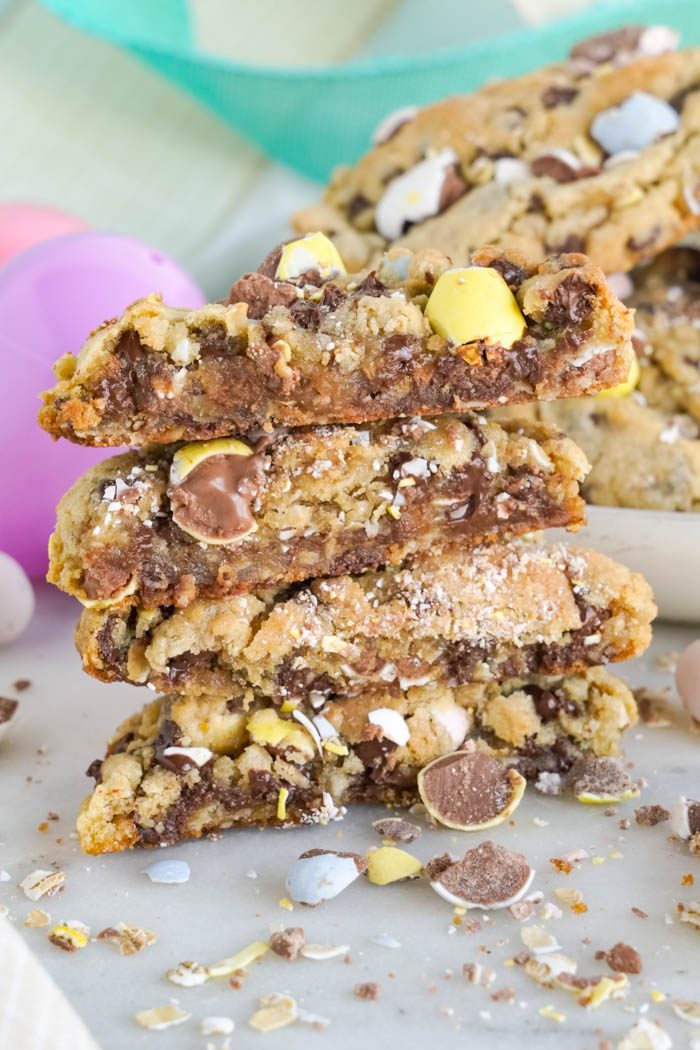 Cadbury Easter Oatmeal Chocolate Chip Cookies stacked and sliced