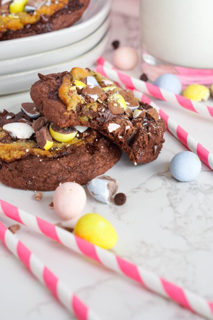 Easy Cadbury Egg Easter Brookies propped up