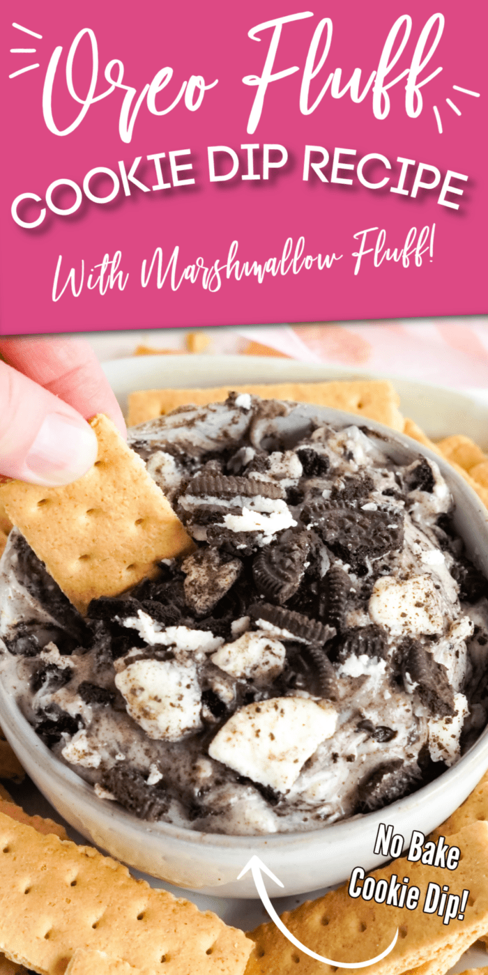 Oreo Fluff with graham cracker dipping in it