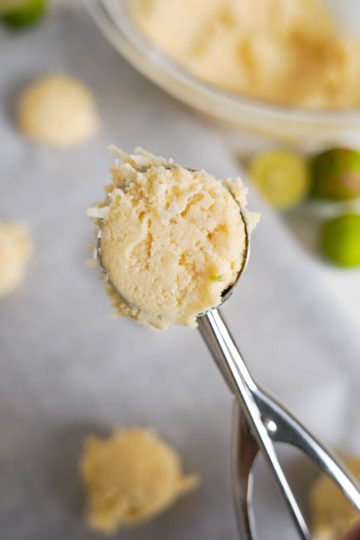 Key Lime Coconut Cookies scooped with cookie scoop