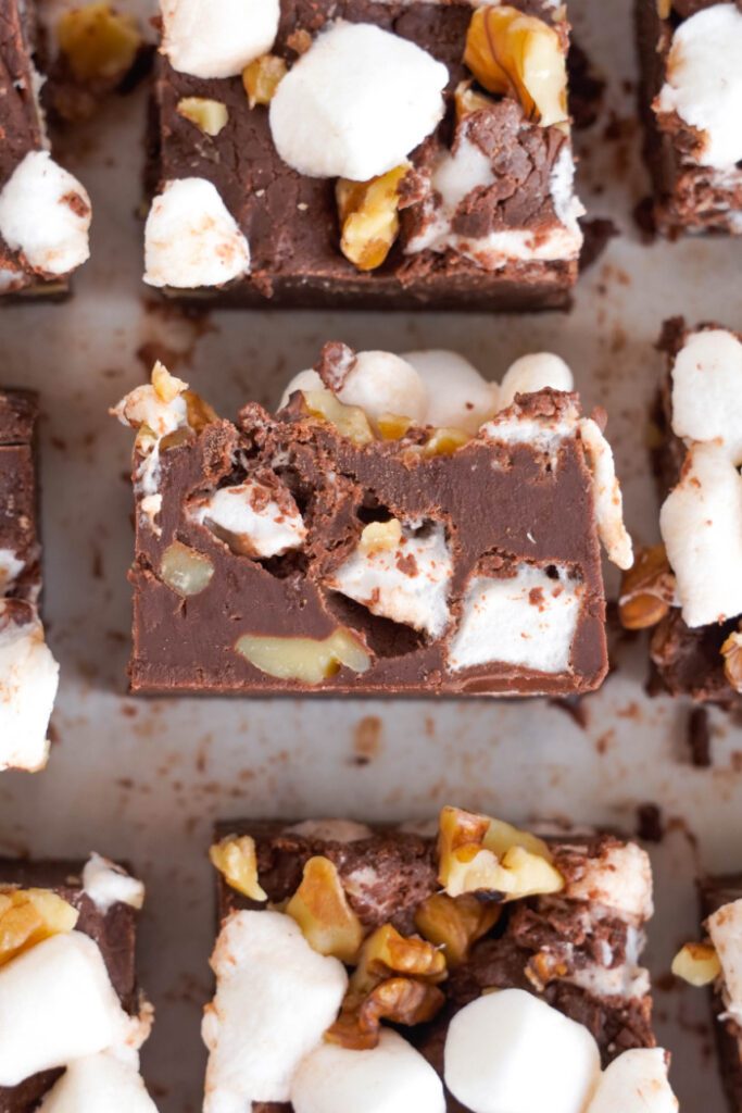 Easy Rocky Road Fudge Recipe LemonPeony   Rocky Road Fudge Cut Into Squares 683x1024 