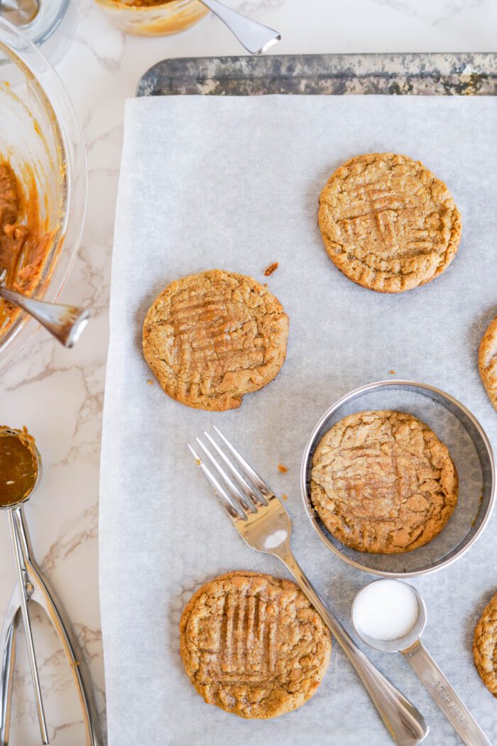 Simple Peanut Butter Cookies on baking sheet